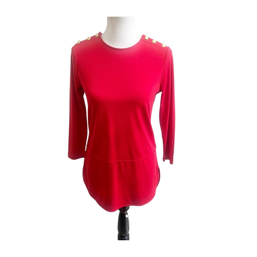Lauren Ralph Lauren Tunic Top Women's S Red Slit Gold Shoulder Button Old Money